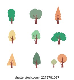 set of nine trees. Isolated of trees on the white background. Vector EPS 10.	