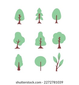 set of nine trees. Isolated of trees on the white background. Vector EPS 10.	