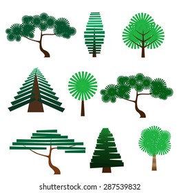 Set of nine trees in simple geometric style. Spruce, poplar, palm tree. Vector illustration