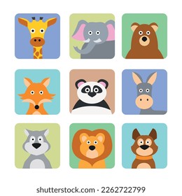 A set of nine trending flatstyle avatars with birds. The avatars depict wild and domestic animals: giraffe, elephant, bear, fox, panda, donkey, wolf, lion and dog. Dribbble style
