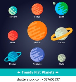 Set of nine trendy flat planets on a universe colored black background. Fully editable vector illustration. Perfect for scientific views and informational banners. 