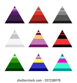 Set of nine triangles divided into parts like a pyramid of different colors of blue, pink, red, gray, purple.