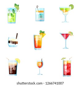 Set of Nine Tropical Cocktails in Flat Style for Menu, Cocktail Cards. Mojito, Tom Collins, Margarita, White Russian, Mai Tai, Cosmopolitan, Long Island. Vector Images Isolated on White Background