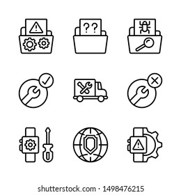 set of nine trouble fix and protect line icon for web, business, commerce, computer network, industry