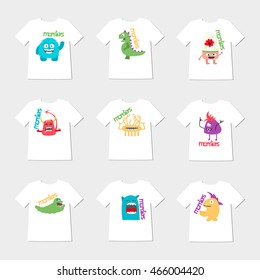 Set of nine t-shirt's with cartoon cute monsters.