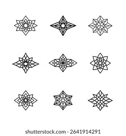 A set of nine unique black line art star and flower designs.