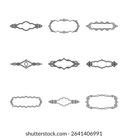 A set of nine unique black and white frames and borders featuring intricate Celtic knotwork and geometric patterns on a clean white background.