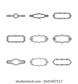 A set of nine unique black and white frames and dividers, showcasing geometric and floral designs for elegant graphic embellishments and creative projects.