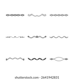 A set of nine unique black and white decorative dividers and borders for design.