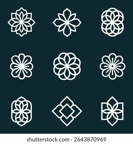 Un conjunto de nueve logotipos florales y geométricos únicos del arte de la línea en blanco contra un fondo verde azulado oscuro.