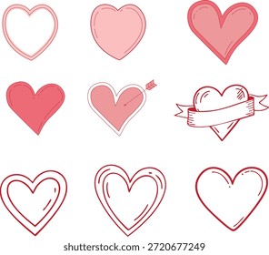 Un conjunto de nueve iconos de corazón dibujados a mano únicos en tonos rosas y rojos, con estilos de doodle, flechas y cintas para proyectos románticos y decorativos.