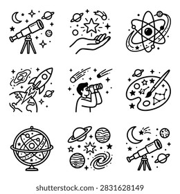 A set of nine unique hand-drawn icons representing science and space exploration themes