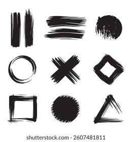 A set of nine unique hand-painted brush stroke shapes, including rectangles, circles, crosses, squares, and triangles.