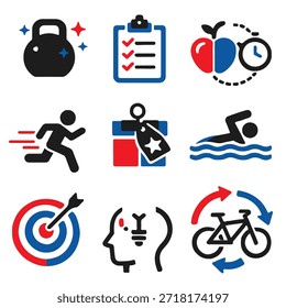 Conjunto de nueve iconos vectoriales de resolución de año Nuevo únicos en un estilo de contorno plano mínimo. Diseñado con un peso de trazo constante y Formas geométricas simples, utilizando solo tres colores sólidos sin Gradientes ni sombras. Ideal para objetivos, fitness, productividad, planificación y conceptos de estilo de vida. Los iconos están aislados sobre un fondo blanco, de alto contraste, limpio, moderno y adecuado para App, Sitios web, presentaciones, infografías y diseño de impresión