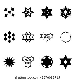 A set of nine unique star shapes, featuring variations in design and complexity.