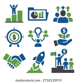 Conjunto de nove ícones exclusivos de conceito de crescimento de inicialização em estilo de vetor de contorno mínimo. Inclui símbolos de análise de negócios, trabalho em equipe, liderança, financiamento, inovação e crescimento. Projetado com traçado consistente, formas geométricas simples, apenas três cores sólidas, sem gradientes, sem sombras e isolado no plano de fundo branco. Ideal para sites, aplicativos móveis, apresentações, painéis e design de interface do usuário