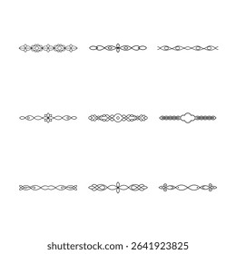 A set of nine unique, symmetrical, black line art dividers or page breaks on a clean white background.