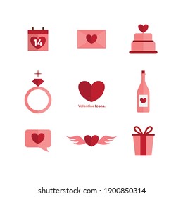 Conjunto de nueve iconos valentinos para múltiples usos. Felices iconos relacionados con el día de San Valentín en fondo blanco