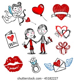 Set of nine Valentine vector illustrations, hand drawn style.