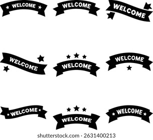 A set of nine varied black welcome ribbons is presented, each differing in star count, placement, and curvature against a clean white background, offering diverse aesthetic choices.