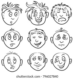 Set of nine various amusing male grimaces, sketching cartoon vector outlines isolated on the white background