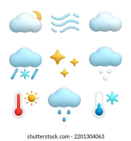 Set of nine vector 3d icons. Moon, smog, fog, humidity, cloud, snow with rain, stars, hail, thermometer, hot, rain, cold. Isolated objects on a white background. eps10 vector