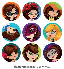 Set of nine vector avatars. Bright vector icons different faces in cartoon style, enclosed in a round colored shapes.