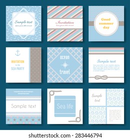 Set of nine vector banner templates in marine style. Elegant invitation card. Celebration design. Graphic patterns. Greeting card. Beach party. Rope borders