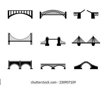 Set Of Nine Vector Bridge Icons. Black And White Transportation Illustration Isolated. Urban Construction Silhouettes