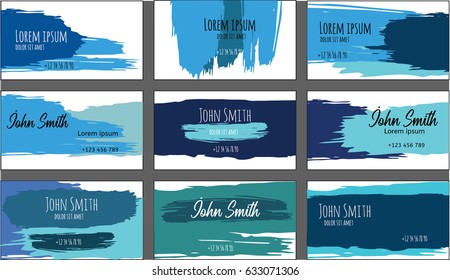 Set of nine vector business card, flyer or client card templates. Abstract hand painted grungy dirty backgrounds. Blue and black artistic paintbrush banner design.