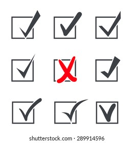 Set of nine  vector check marks or ticks in boxes of confirmation acceptance positive passed voting agreement true or completion 