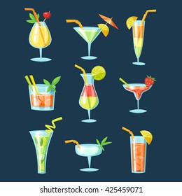 Set of nine vector cocktails. Flat style summer cocktails. Drink alcohol  infographic icons on dark background. 