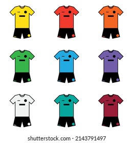 Set of nine vector colored soccer jerseys with short sleeves and shorts on a white background. Football yellow, red, orange, green, blue, purple, white, teal and burgundy t-shirt. Sport symbols.