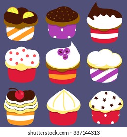 Set of nine vector cute cupcakes