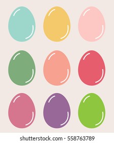 Set of nine Vector Easter eggs collection. Multicolor eggs with shadow. 
