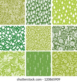 Set of nine vector ecological seamless patterns backgrounds with hand drawn elements.