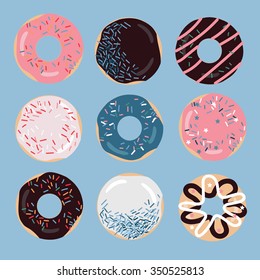 Set of nine vector flat donuts in pretty pastel colors with editable layers