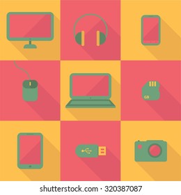 Set of nine vector flat hardware icons