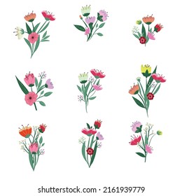 Set of nine vector flowers and leaves