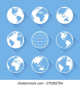 Set of nine vector globe icons with four views of the earth, with great detail. 