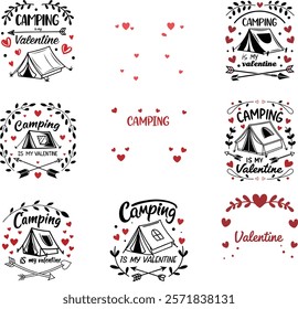 A set of nine vector graphics, perfect for Valentine's Day or camping-themed merchandise.