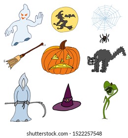 Set of nine vector Halloween hand-drawn icons in cartoon style on a white background