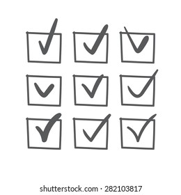 Set Of Nine Vector Hand Drawn Check Marks Or Sketch Ticks In Boxes On A List