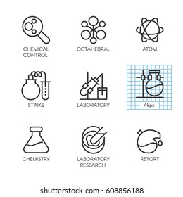 Set of nine vector icons of chemistry, experiments, research, medicine concept. Logo pixel perfect 48x48 px. Line contour pictograph for websites, mobile apps and other design needs
