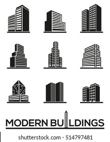 Set of nine vector icons of contemporary tall buildings, low angle perspective view