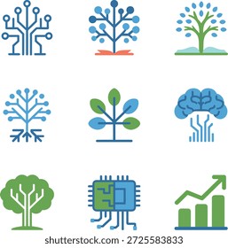 Conjunto de nove ícones vetoriais que representam os circuitos das árvores e os conceitos de crescimento em vários tons de azul e verde sobre um fundo branco que representa a tecnologia e a natureza