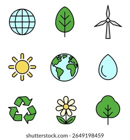 A set of nine vector icons, each representing various elements related to environmental and natural themes
