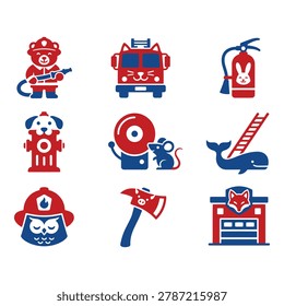 A set of nine vector icons featuring animals in firefighting roles with equipment on a white background.