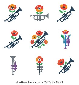 A set of nine vector icons featuring trumpets intertwined with red poppies, symbolizing remembrance and music.
