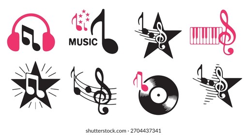 A set of nine vector icons representing music, ideal for branding, posters, web design, or merchandise.